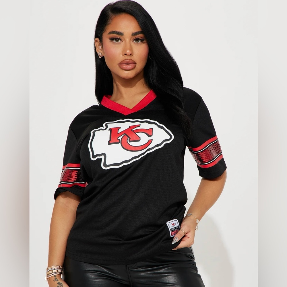 Chiefs (KC) Women’s Jersey - Black with red sequin stripe sleeves & logo size M